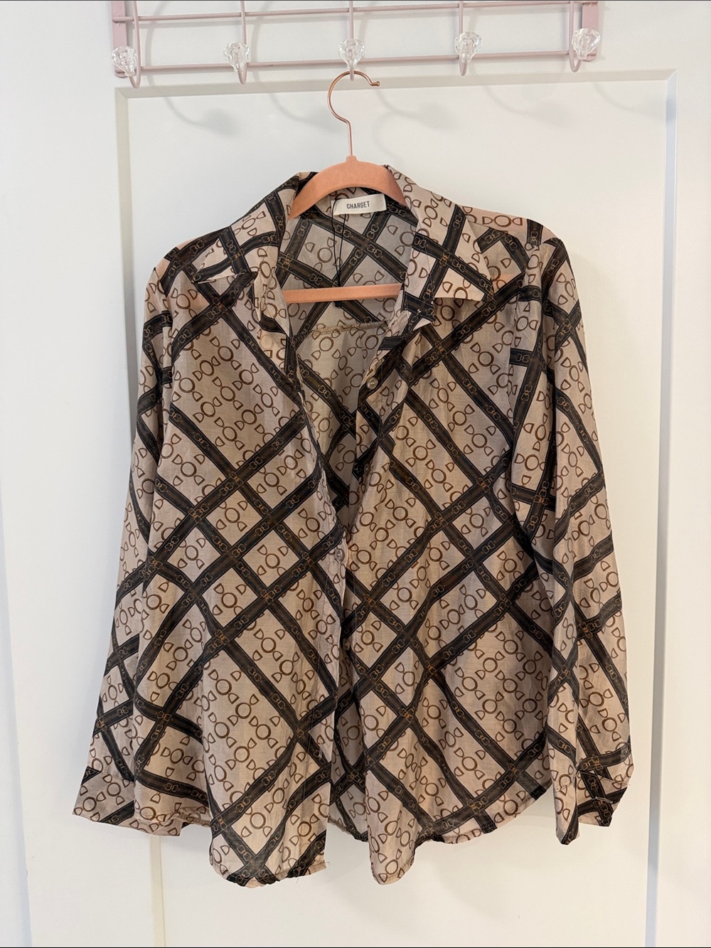 Charvet Beige Blouse with Black Geometric Chain Print